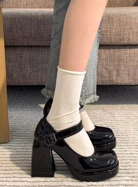 ins~粗跟玛丽珍鞋女圆头2025夏季日系学生jk制服小皮鞋黑色高跟鞋