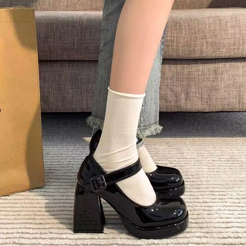 日系复古黑色玛丽珍女粗跟厚底高跟鞋女JK制服百搭通勤白色小皮鞋 - 封面
