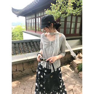 MOWENTI文文婷 京都古着条纹扭结衫2026灰条纹撞色褶皱插肩袖上衣