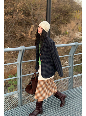 MOWENTI文文婷  灰色长款休闲格子西装外套女2024秋冬款