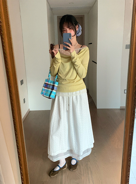 MOWENTI文文婷  白色蕾丝拼接复古半身裙女2025春款女甜妹A字裙