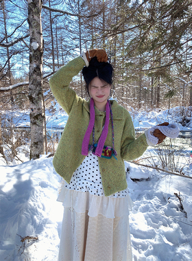 MOWENTI文文婷  绿色小香风开衫毛衣女2024冬款圆领长袖针织外套