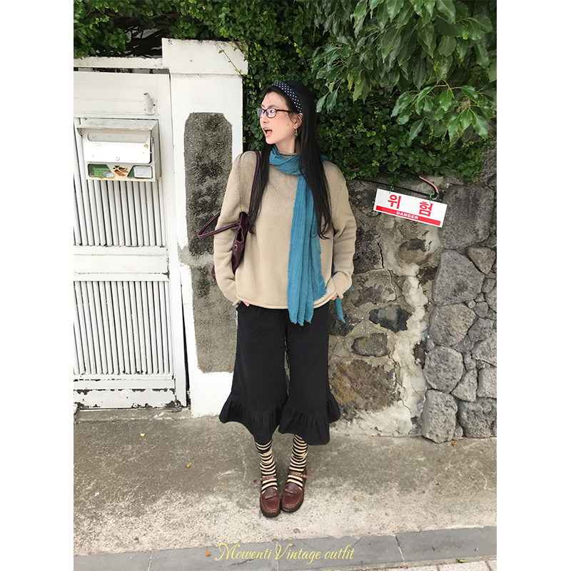 MOWENTI文文婷 低腰荷叶边阔腿七分裤女秋复古压褶宽松黑色休闲裤