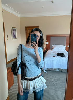 MOWENTI文文婷 蓝色波点上衣2025年秋季女七分袖微百搭一字领T恤