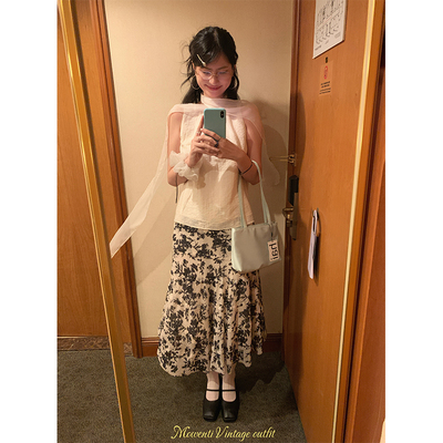 夏季黑白水墨碎花鱼尾半身裙