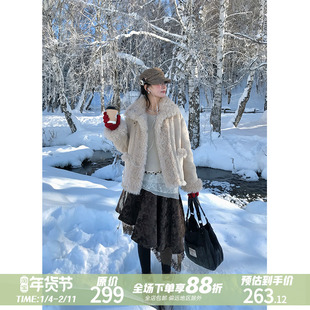 MOWENTI文文婷 复古咖色丝绒半身裙不规则流苏裙摆秋冬高腰伞裙女