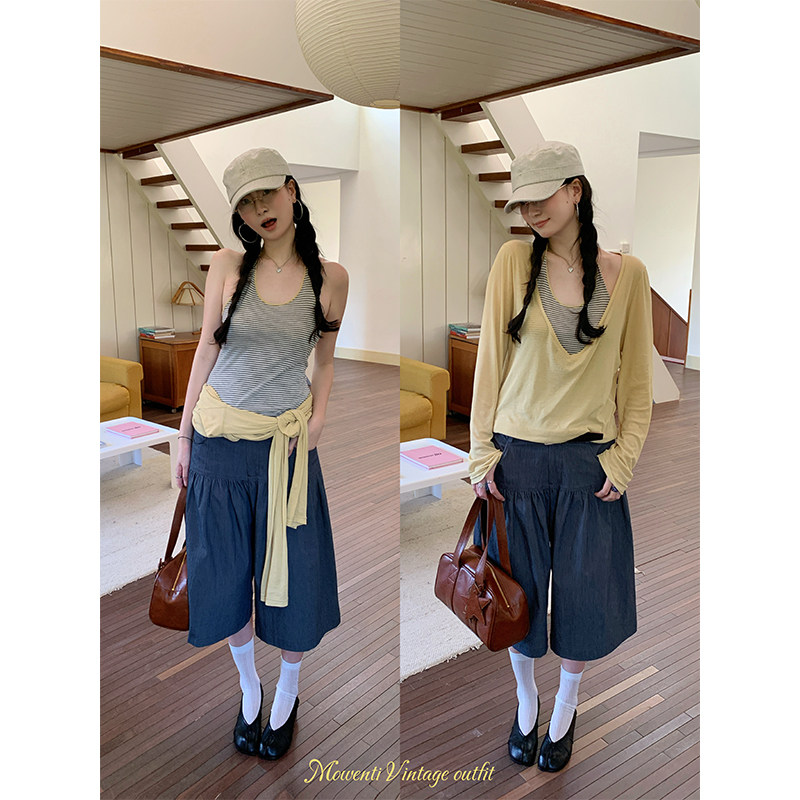 MOWENTI文文婷 条纹挂脖假两件防晒小衫女夏季薄款透气长袖上衣