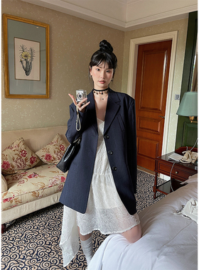 MOWENTI文文婷 藏青色长款休闲西装外套女春季新款条纹西服上衣