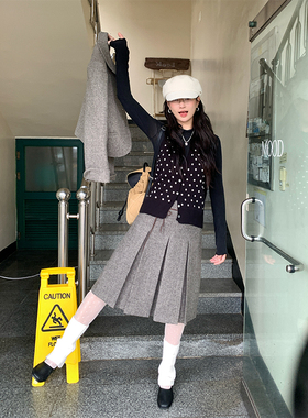 MOWENTI文文婷 韩系灰色抽绳百褶裙2025秋冬女梨形含羊毛遮胯半裙