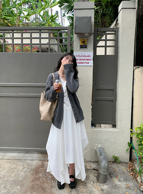 MOWENTI文文婷  复古灰粉双色毛衣针织开衫女2025年春季上衣外套