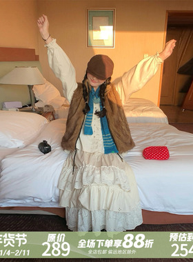 MOWENTI文文婷 奶杏色蕾丝层叠半身裙2026年棉麻透气松紧腰仙女裙