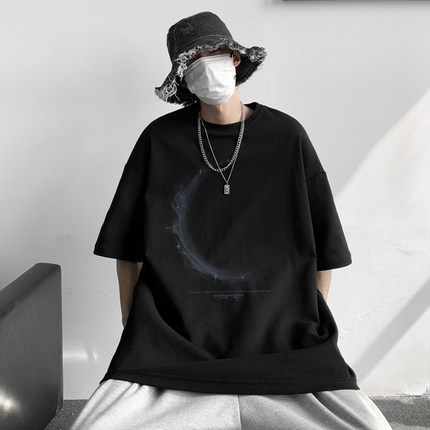 夏季简约潮牌短袖T恤男夏季加肥加大码宽松印花打底衫黑色体恤t恤