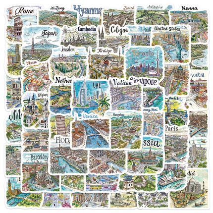 100张手绘旅游地图贴纸小清新笔记本电脑行李箱手账装饰跨境贴画