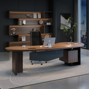 现代简约腰果弧形实木老板桌胡桃木色高端办公桌女士大班台桌子