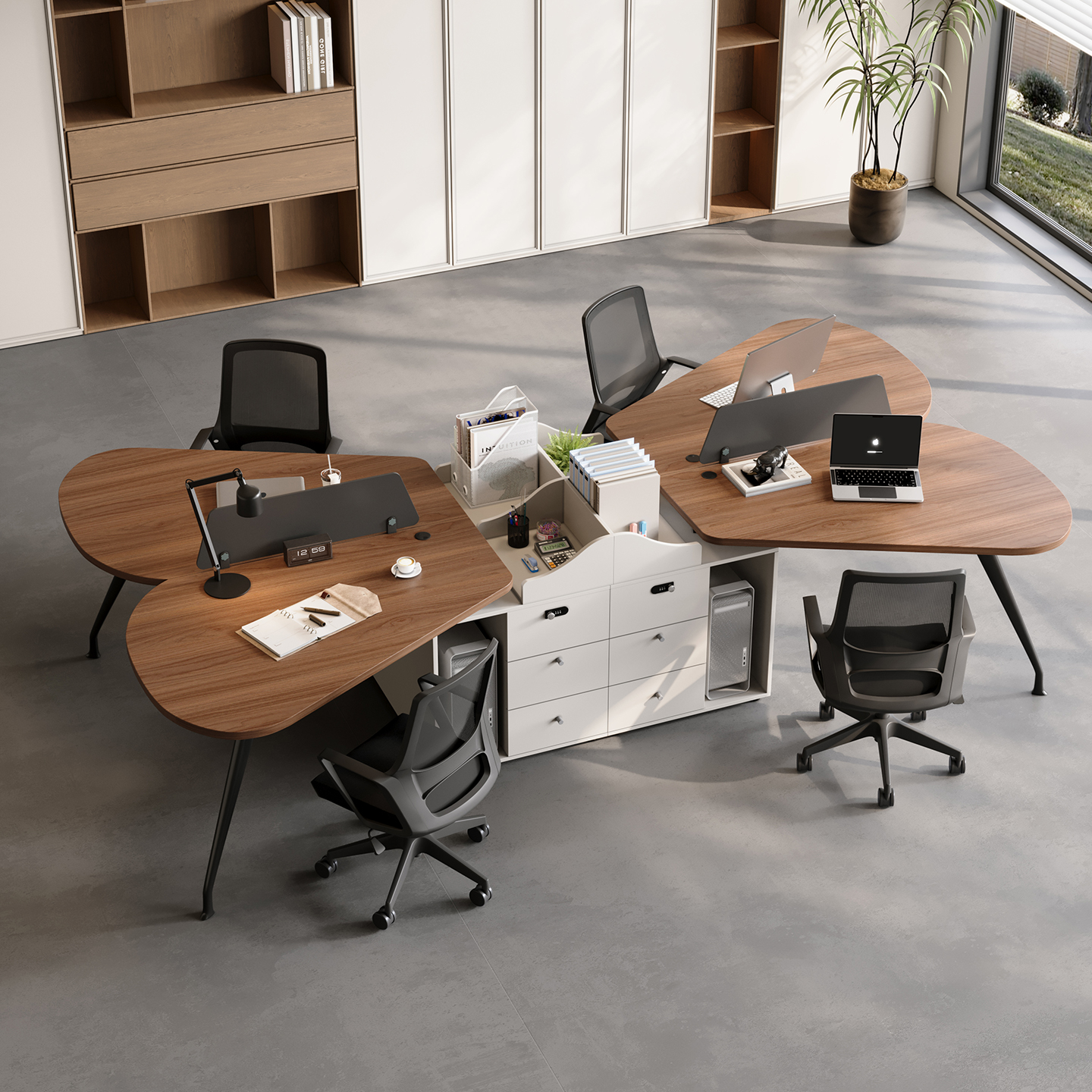 现代简约4人位2025新款办公桌木质组合工作位实木职员办公电脑桌