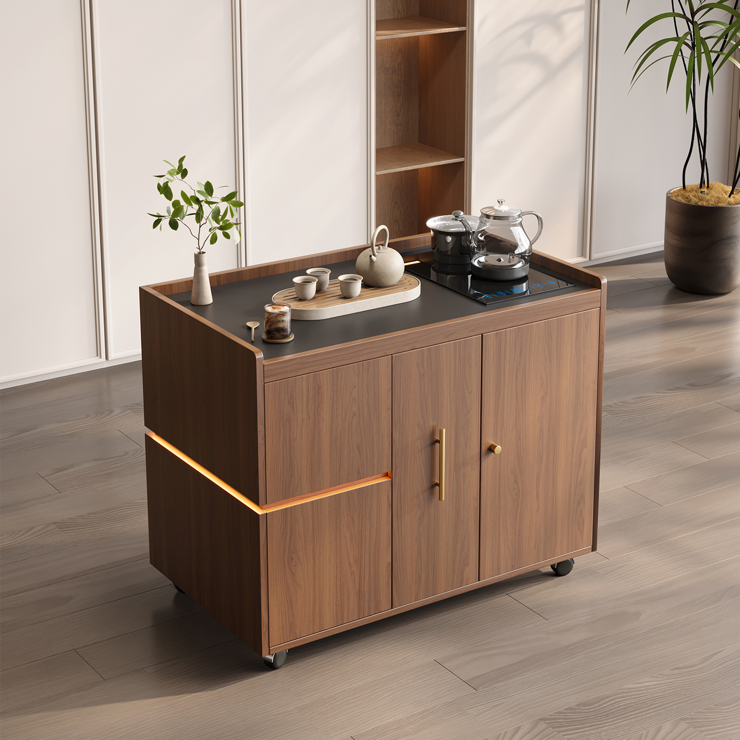 移动实木茶水柜带烧水壶一体