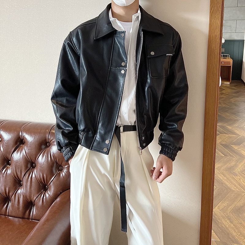 秋韩风简约高级感黑色PU皮衣外套ins男复古帅气机车服休闲夹克潮