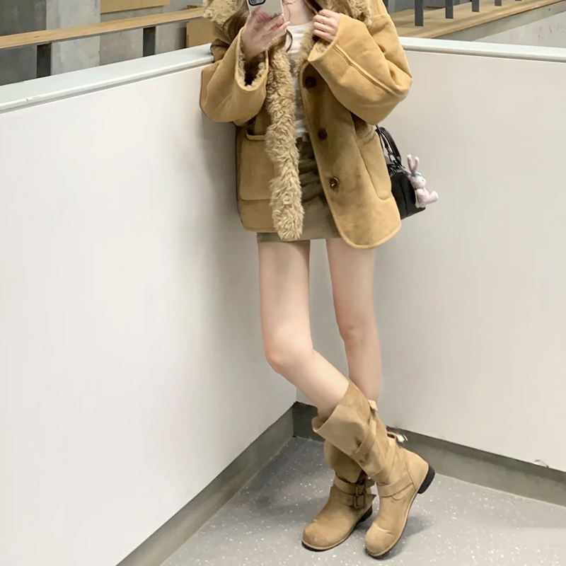 翻折设计感短筒绒面西部牛仔靴