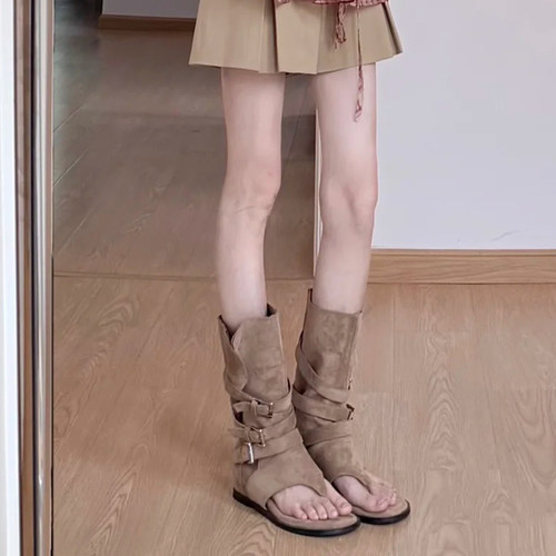 夏季薄款夹趾翻折罗马凉靴女