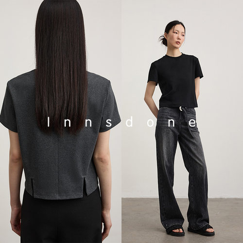 Innsdone后开叉T恤女2026新款质感纯棉亲肤显高显瘦短袖外穿上衣