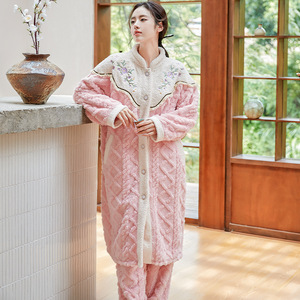 松子壳同款国风秋冬睡袍舒适保暖睡衣女长款家居服套装可外穿