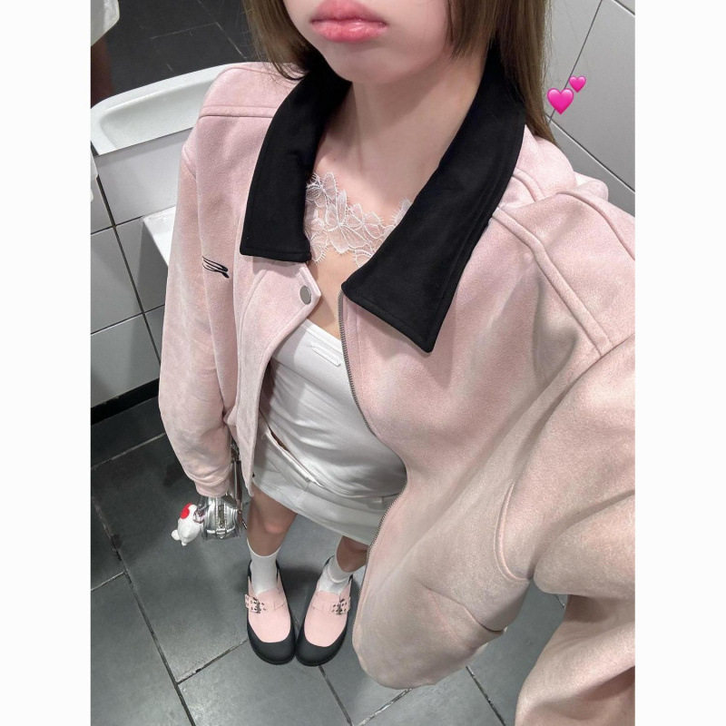 粉色麂皮绒翻领拉链夹克外套女春秋款宽松短款棒球服开衫上衣