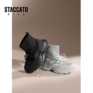 思加图童鞋女童袜靴秋冬高帮针织运动靴厚底显瘦绷带鞋透气短筒靴