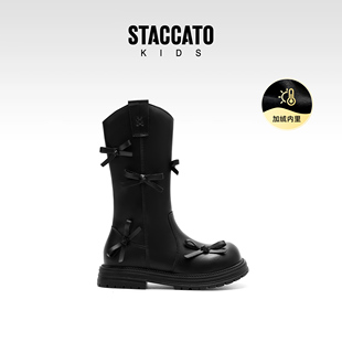 思加图童鞋冬季新款女童蝴蝶结中筒靴学生加绒保暖皮靴儿童高筒靴