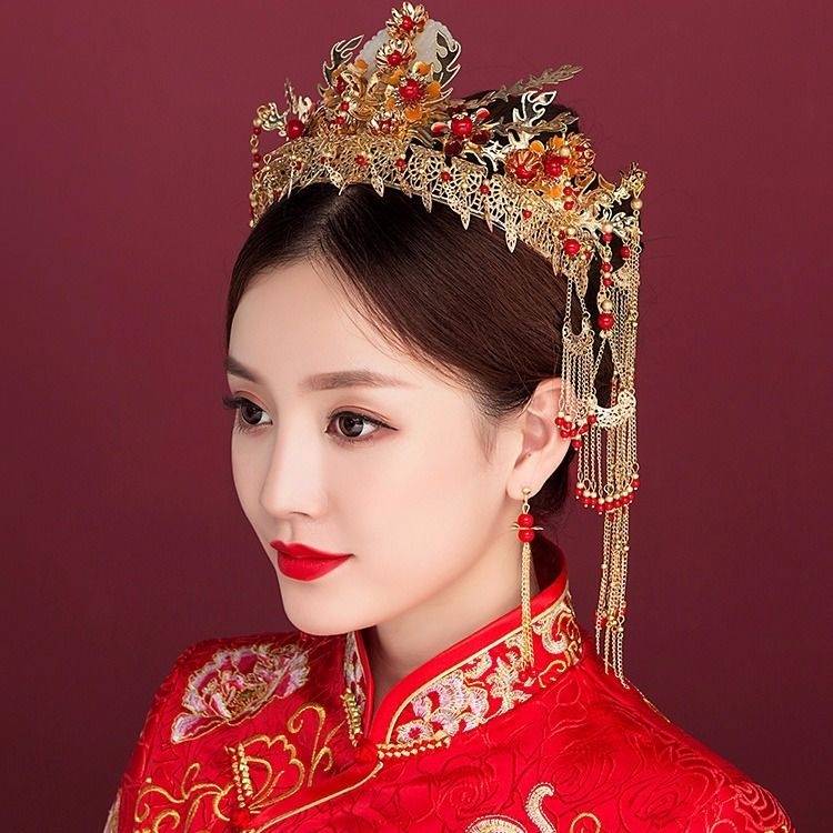 新款中新娘头饰禾服旗袍配饰皇秀冠流苏凤冠龙凤褂结婚敬酒发式