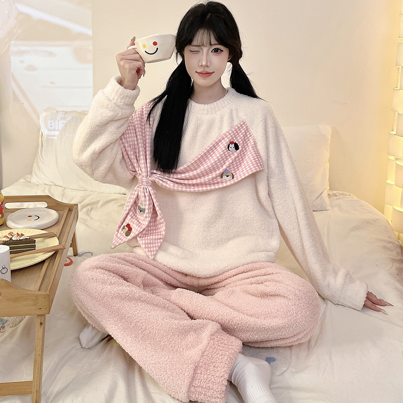 半边绒睡衣女款秋冬加绒加厚保暖