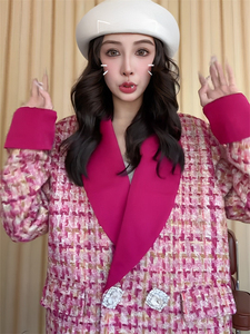 小香风美式宽松玫红色格纹西装外套女装2023新款爆款春秋屁桃同款