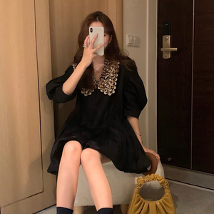 小个子娃娃领内搭黑色连衣裙女士早春夏新款爆款法式复古年会礼服