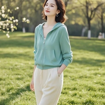 2025年开春新款超好看独特漂亮薄荷绿色连帽拉链卫衣外套女早春季