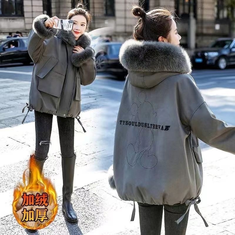 2025冬季新款韩版小个子加绒加厚工装设计感毛领棉服外套女潮