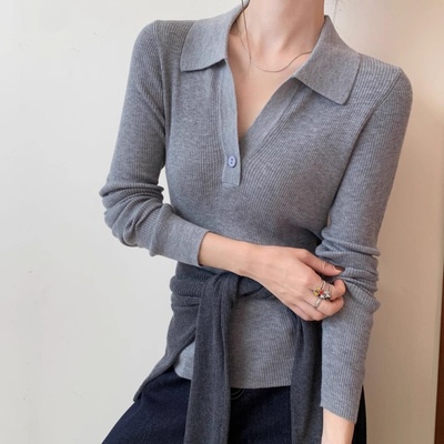 韩系穿搭Polo领长袖针织打底衫女秋冬新款设计感修身显瘦毛衣上衣