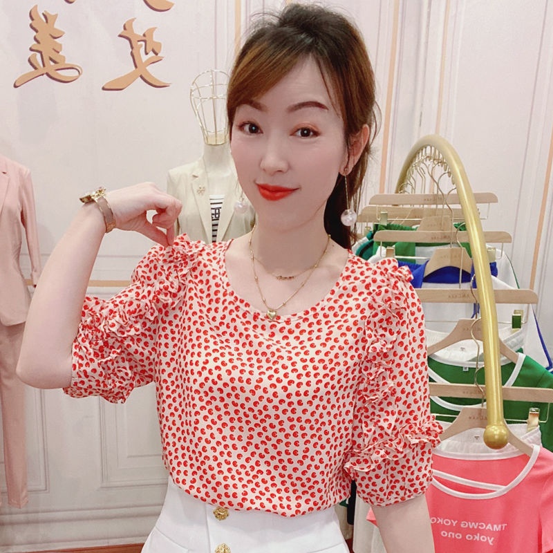 波点花边短袖雪纺女2025夏季新款韩版甜美减龄设计感遮肚显瘦小衫