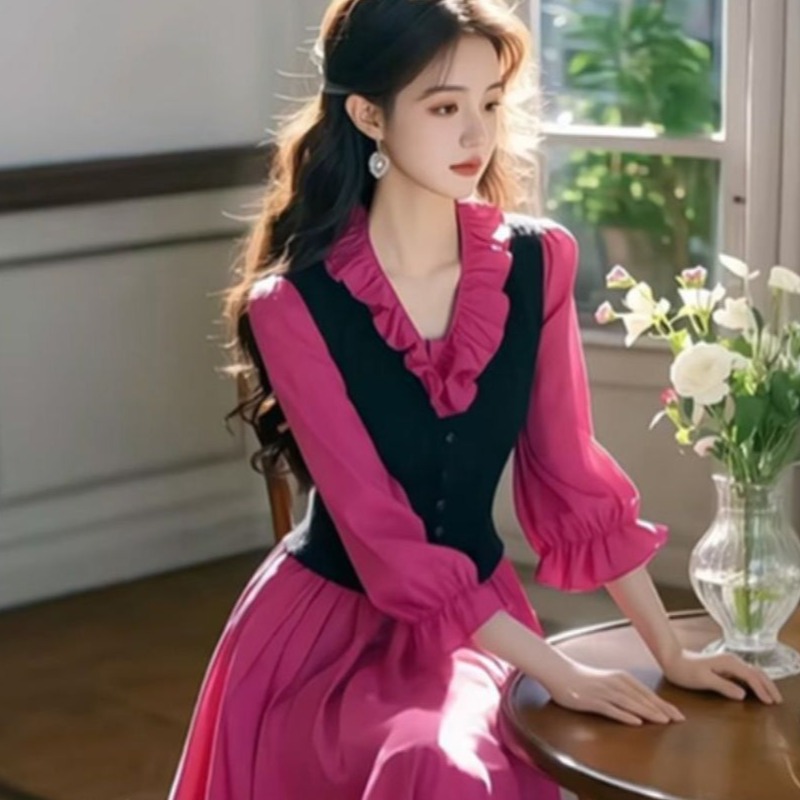 2025新款富家千金穿搭假两件气质名媛高端玫红色木耳边衬衫连衣裙