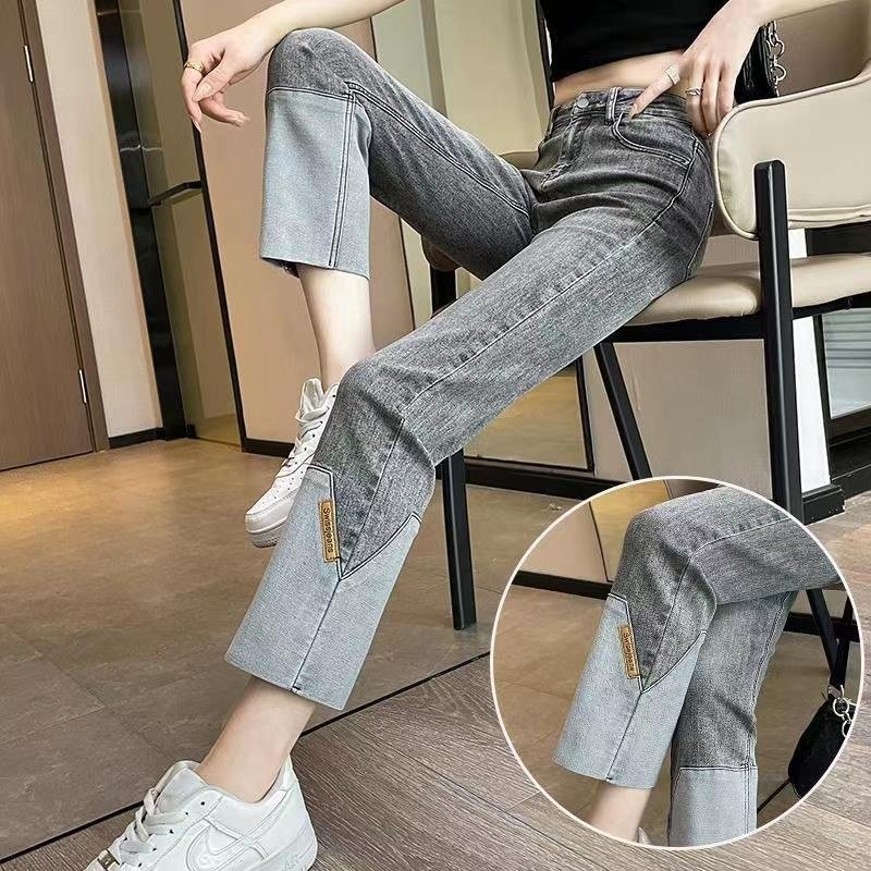 烟灰色拼接烟管牛仔裤女春秋季2025年九分新款小个子法棍直筒裤子