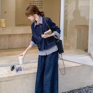 高級(jí)感假兩件牛仔套裝 一整套 女開春韓系穿搭小個(gè)子闊腿褲 2025新款