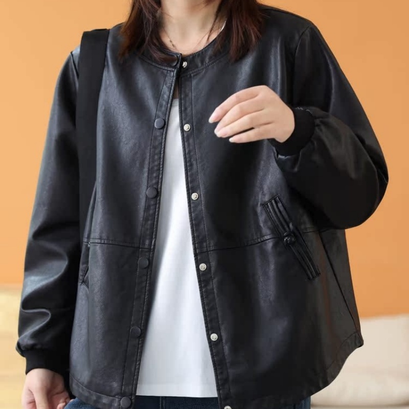 盘扣复古皮圆领皮衣女士2025春夏大码休闲短外套有内衬