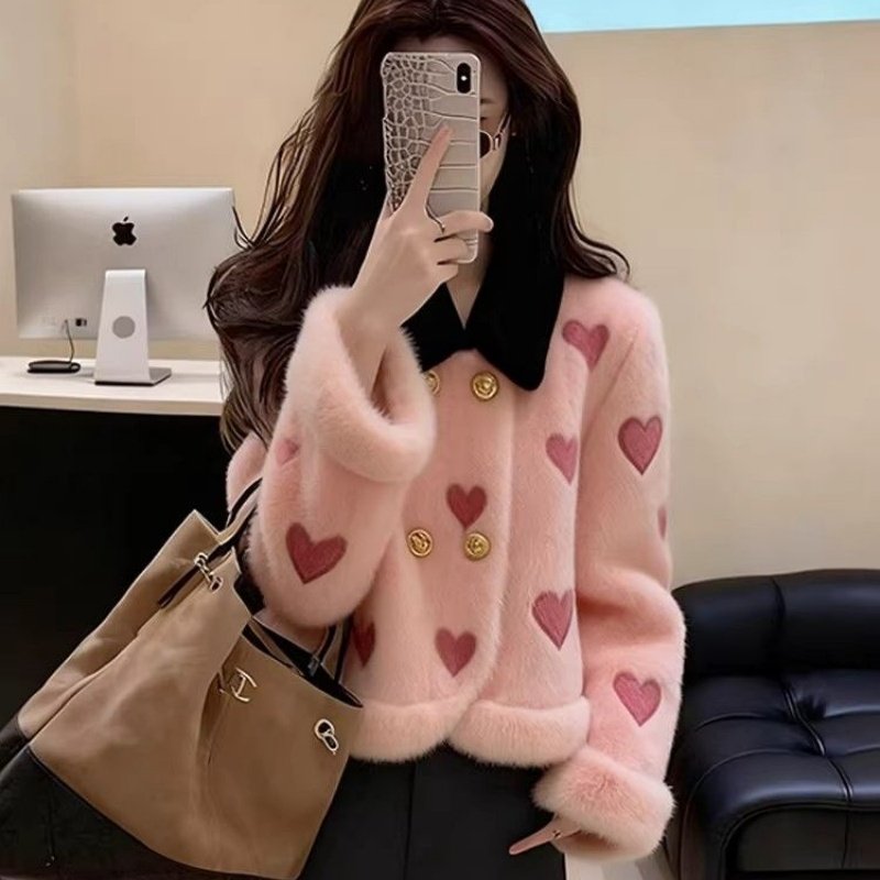韩版休闲风撞色翻领爱心双排扣长袖外套女2025冬季新款宽松上衣潮,女装/女士精品,短外套,淘宝优惠券,粉丝福利购,淘宝优惠卷