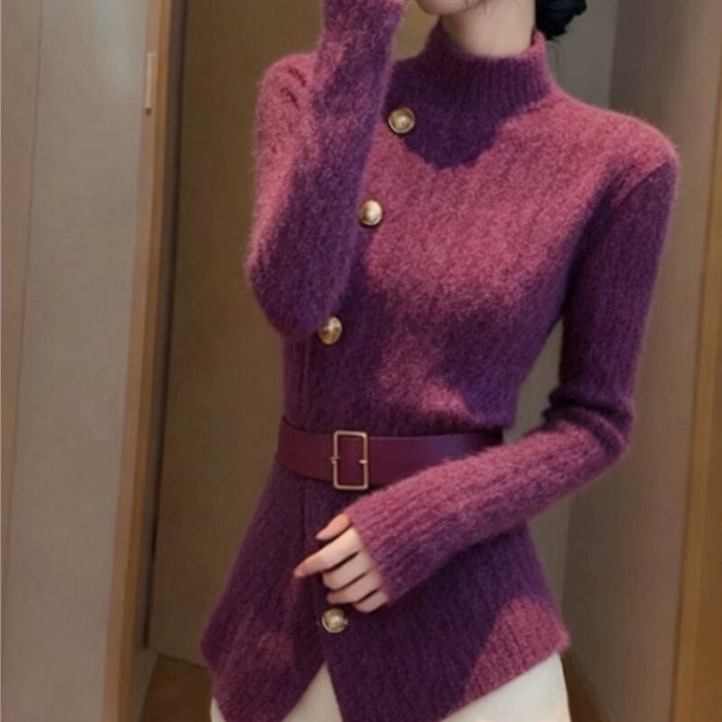 超好看紫色高领加厚打底毛衣女2025冬季奶呼呼软糯修身显瘦针织衫