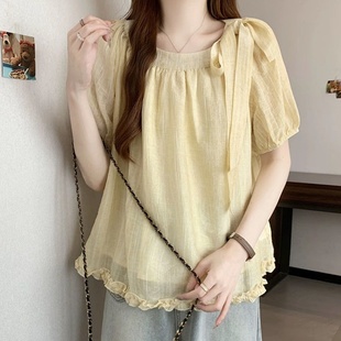 胖MM遮肉显瘦上衣 大码 温柔风甜美衬衫 女夏季 蝴蝶结木耳边减龄小衫