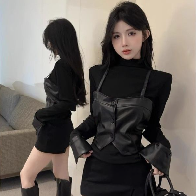 高级感两件套女秋冬半高领长袖打底衫+纯色吊带叠穿上衣套装