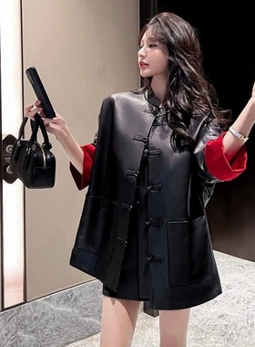 复古盘扣新中式皮衣外套女春秋新款国潮立领宽松国风气质拼接pu皮