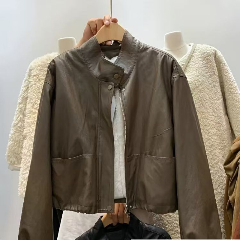 羊羔毛立领加绒内胆皮衣外套女冬抽绳收腰机车服加厚保暖短款夹克