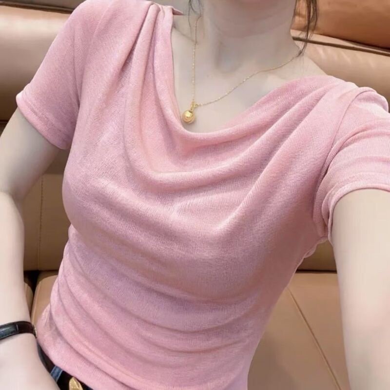 夏季新款时尚堆堆领设计短袖上衣修身显瘦百搭t恤女