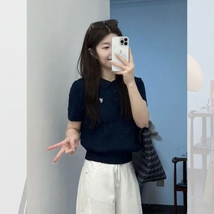 翻领上衣 学院风藏蓝色刺绣POLO衫 短袖 正肩t恤女夏季 冰丝针织短款