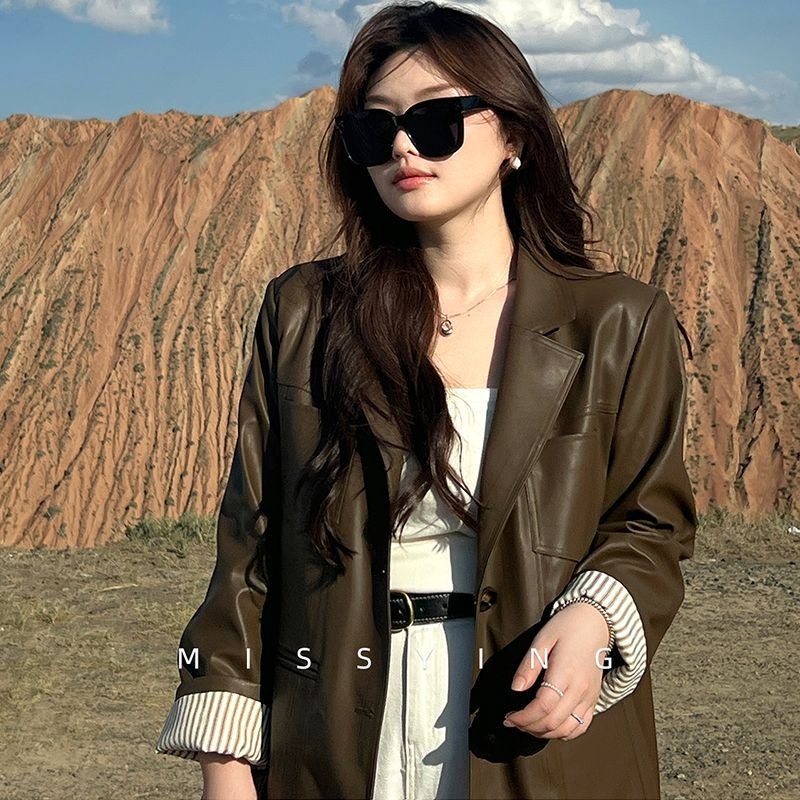 2025宽松复古高级皮衣外套女夹克机车微胖大码长袖上衣胖mm皮西装