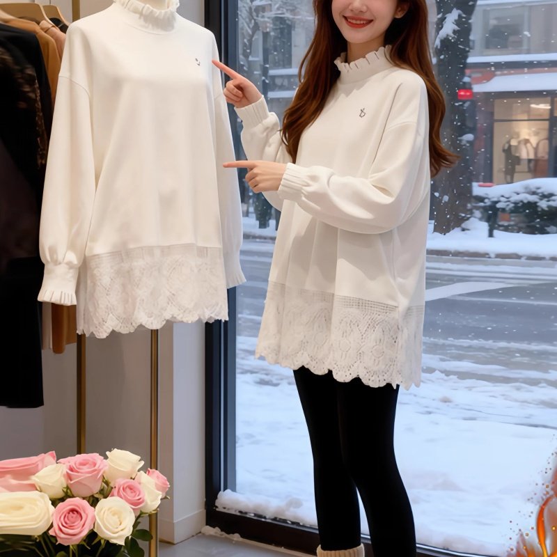 中长款蕾丝边拼接加绒长袖T恤女2025秋冬新款洋气宽松圆领打底衫
